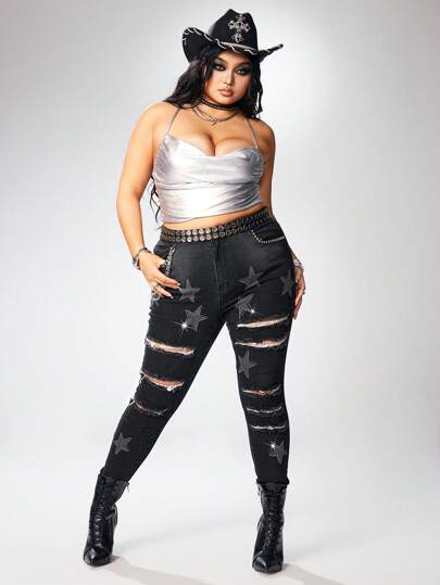 Grunge Punk Jeans skinny en denim déchiré et délavé avec décoration de chaîne de strass style punk rock, grande taille