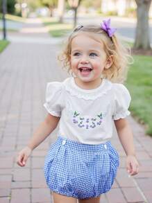 SHEIN Shorts pour bébés filles, style coréen décontracté, mignons à carreaux bleus avec décoration de boutons, convenant à diverses occasions, été