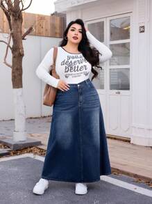 SHEIN EZwear 大码牛仔迷你裙，简约时尚，适合夏季 - 藍色 - 查看 5