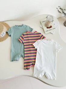 SHEIN 3pcs/Set Newborn Baby Girl Summer Cute Knitted Colorful Striped & Floral Print Short Sleeve Romper Set - Green - View 2