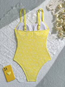 SHEIN Swim 1pc Minimalist Special Fabric Twist Front Monokini Swimsuit - Yellow - View 6