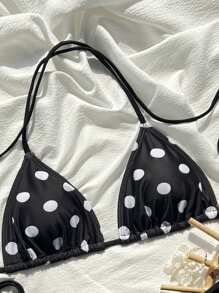 Swim Mod 2026 春夏女士波点印花挂脖黑色比基尼套装（带侧系带下装） - 黑與白 - 查看 4