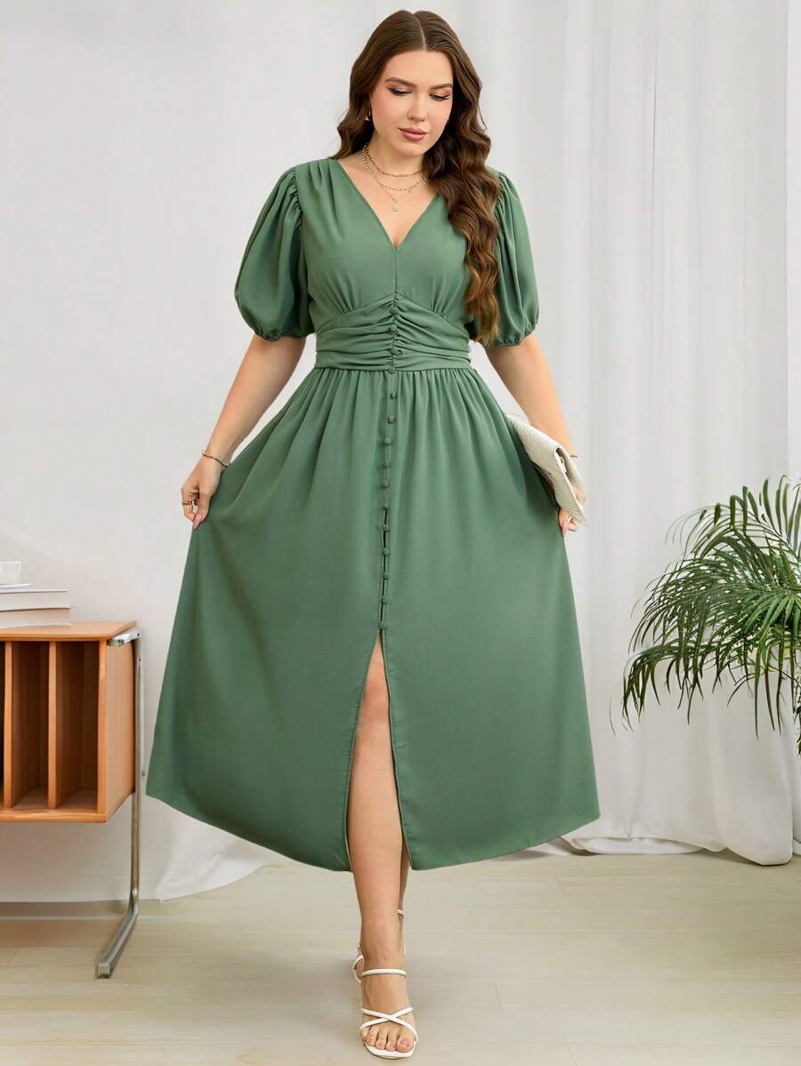 SHEIN Clasi 大码女式 V 领纯色泡泡袖优雅连衣裙 - 綠色 - 查看 1