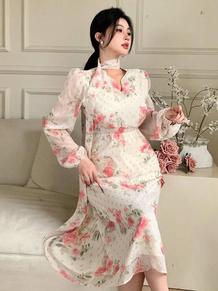 V-Neck Full Flower Print Mid-Calf Puff Sleeve Dress For Women Floral,Fall Dress Long Sleeve Dress Maxi Dress