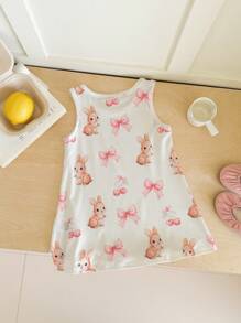 SHEIN Baby Girl Casual Cute Cartoon Cat Print Sleeveless Dress