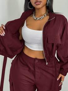 Maweii Plus Size Women's Solid Color Long Sleeve Zip-Up Front Bomber Jacket And Pants Two Pieces Set Fall Cloth For Women - Burgundy - View 2