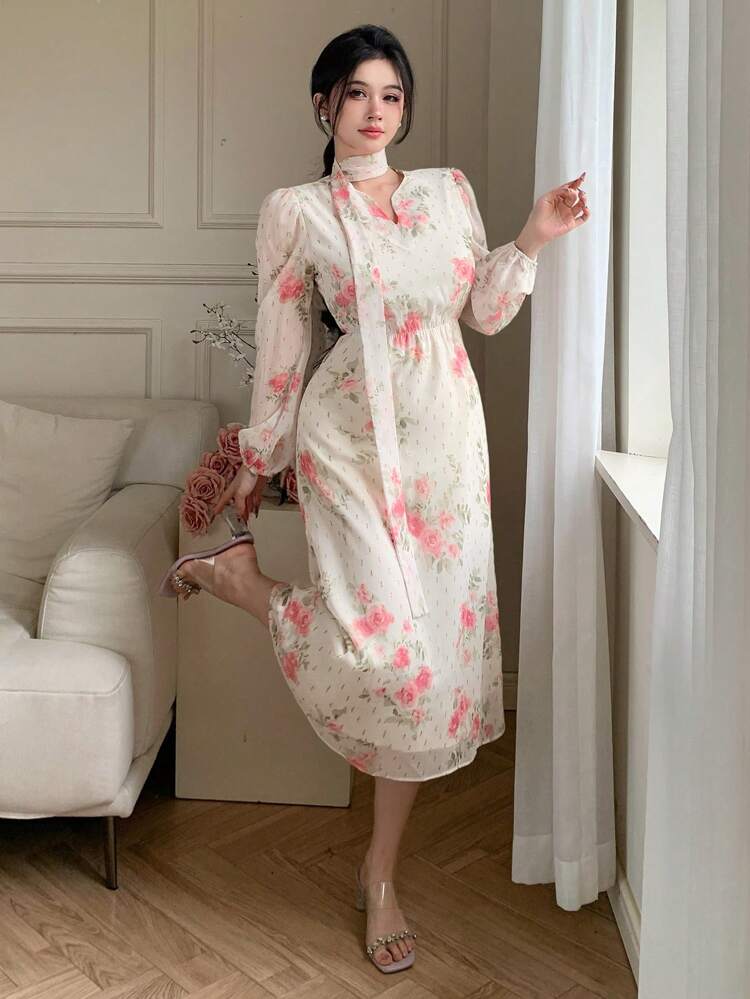 V-Neck Full Flower Print Mid-Calf Puff Sleeve Dress For Women Floral,Fall Dress Long Sleeve Dress Maxi Dress