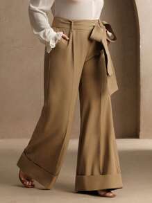Anewsta Pantaloni casual eleganti da donna taglie forti, con vita larga e decorazione con cintura
