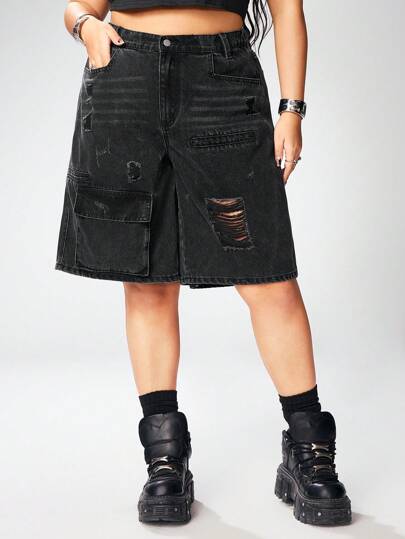 Grunge Punk Plus Size Women Cargo Pockets Distressed Loose Fit Casual Denim Shorts,Summer Outfits For Women