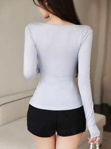 Modelyn Women's Oversized Round Neck Long Sleeve Tie-Wrap Design Casual Pullover Top Fall Cloth For Women - Blue - View 2