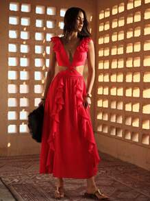 MOTF PREMIUM FLOWY RUFFLE TRIM SKIRT - Red - View 7