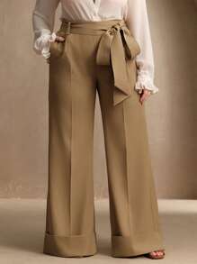 Anewsta Pantaloni casual eleganti da donna taglie forti, con vita larga e decorazione con cintura
