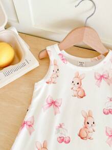 SHEIN Baby Girl Casual Cute Cartoon Cat Print Sleeveless Dress