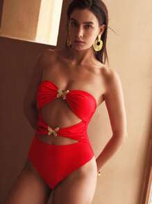 MOTF PREMIUM RUCHED BANDEAU ONE-PIECE SWIMSUIT FOR SUMMER BEACH VACATION - Red - View 4