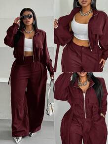 Maweii Plus Size Women's Solid Color Long Sleeve Zip-Up Front Bomber Jacket And Pants Two Pieces Set Fall Cloth For Women - Burgundy - View 1