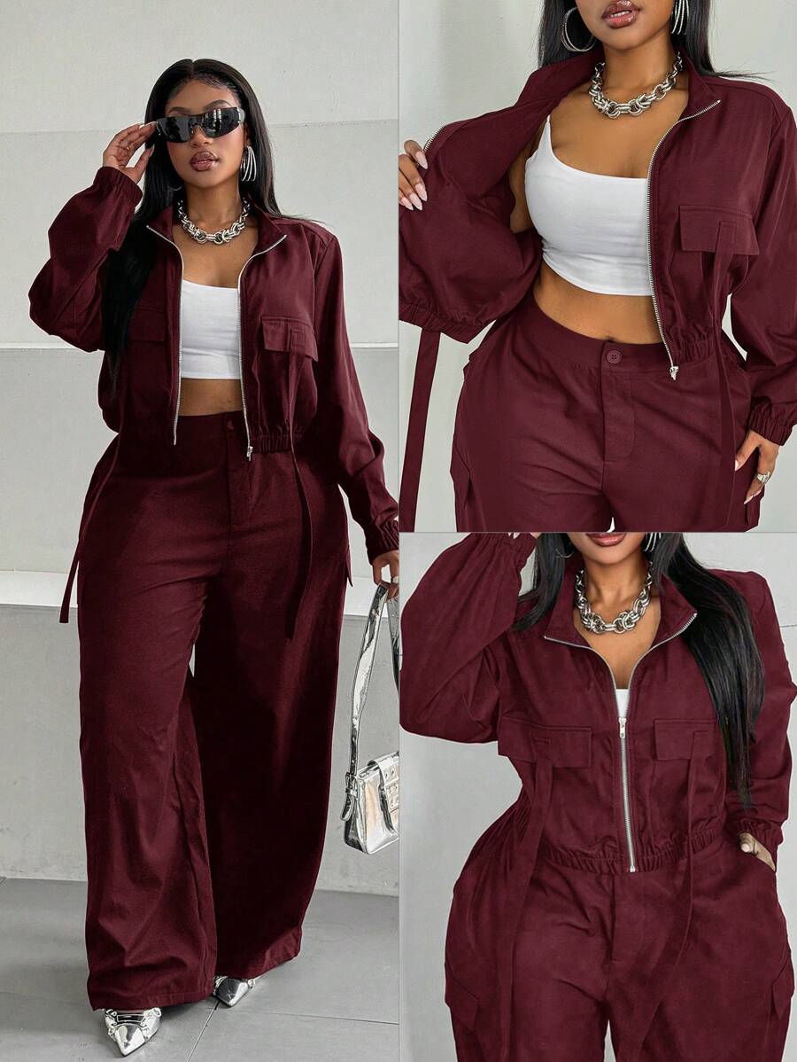 Maweii Plus Size Women's Solid Color Long Sleeve Zip-Up Front Bomber Jacket And Pants Two Pieces Set Fall Cloth For Women - Burgundy - View 1