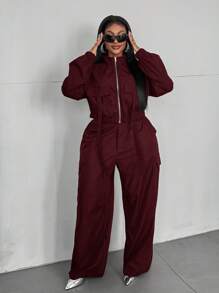 Maweii Plus Size Women's Solid Color Long Sleeve Zip-Up Front Bomber Jacket And Pants Two Pieces Set Fall Cloth For Women - Burgundy - View 7