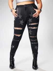 ROMWE Grunge Punk Jeans pitillo vaqueros de talla grande desgastados y desgarrados con cadena de strass y decoración punk estrella - Negro - Ver 8