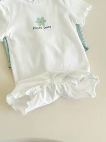 SHEIN 3pcs/Set Newborn Baby Girl Summer Cute Knitted Colorful Striped & Floral Print Short Sleeve Romper Set - Green - View 4