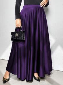 Vionelle 大码优雅纯色喇叭裙，秋季长裙 - 紫色 - 查看 4
