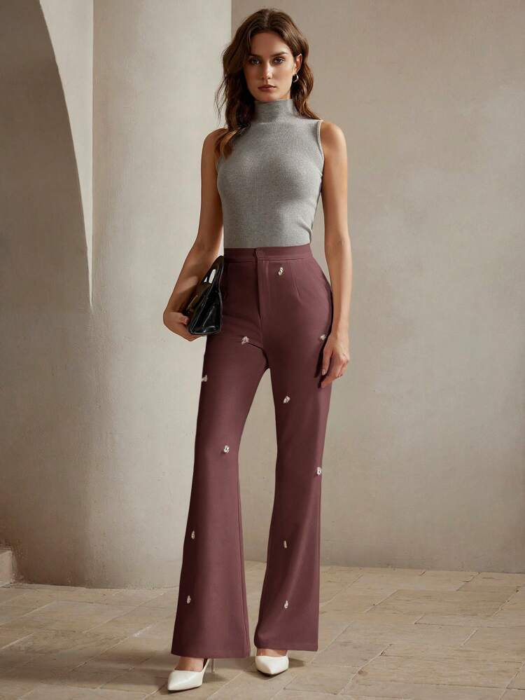 Pantalones de negocios casuales elegantes y modernos con decoración de rhinestones en corte evasé, para primavera/verano para mujeres
