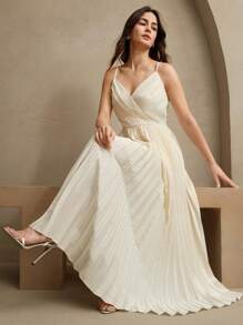 Anewsta 女士优雅现代精致V领细肩带褶皱连衣裙，婚礼宾客礼服，夏季和春季时尚 - 杏色 - 查看 1