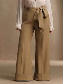 Anewsta Pantaloni casual eleganti da donna taglie forti, con vita larga e decorazione con cintura