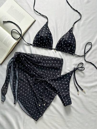 Swim Mod 3pcs Beach Summer Outfits For Women: Black & White Polka Dot Print Spaghetti Strap, Pearl Decor Sexy Swimwear 2 Pieces Set