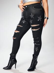 ROMWE Grunge Punk Jeans pitillo vaqueros de talla grande desgastados y desgarrados con cadena de strass y decoración punk estrella - Negro - Ver 4