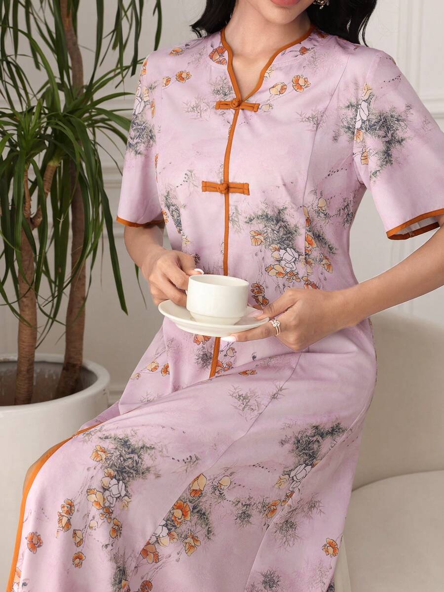 Lacomfia 女士花卉印花纽扣设计优雅短袖度假连衣裙 - 紫色 - 查看 1