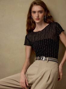 MOTF PREMIUM Top trasparente in pizzo con strass