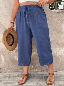 EMERY ROSE Plus Size Women's Comfortable Textured Capri Pants, Casual Countryside Resort Wear, Spring/Summer - Blue - View 3