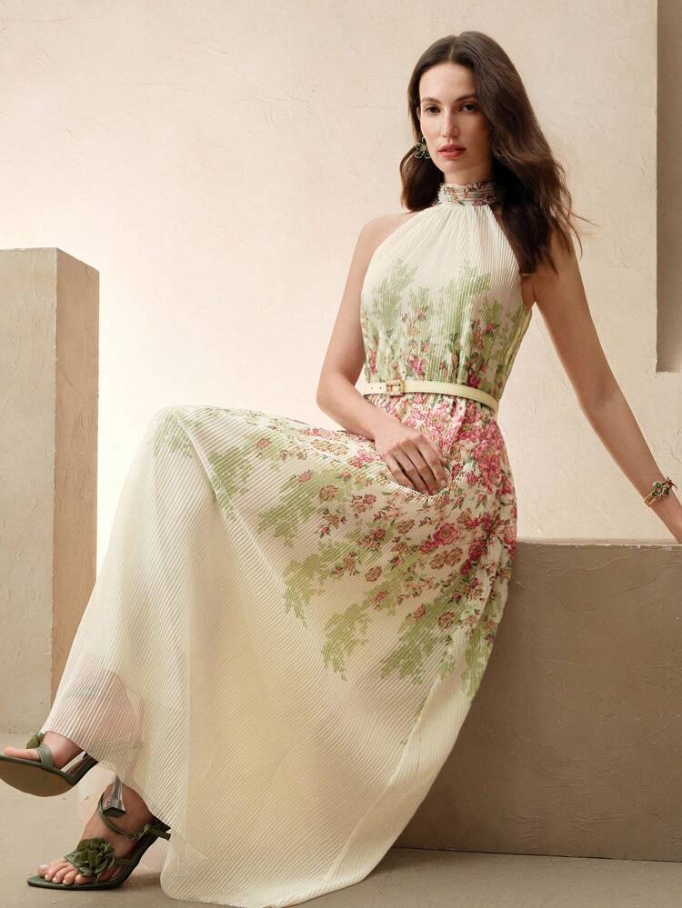 Abito lungo elegante e romantico da donna per vacanze primaverili/estive, con stampa floreale, arricciature e vita stretta. Abito da sera con collo ad aletta e motivo a fiori pesca