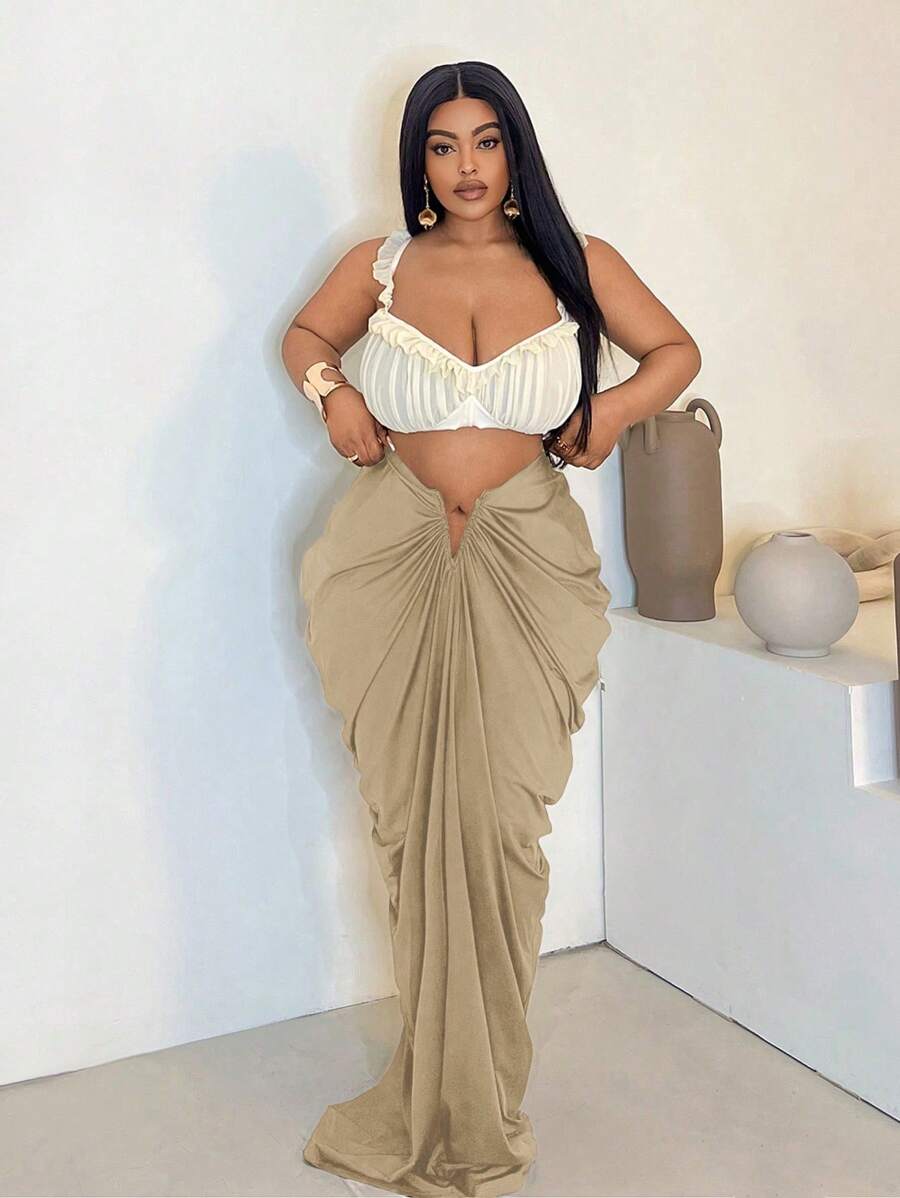 Maweii Plus Size Women V-Shaped Waist Ruched Extra Long Fashionable Skirt - Mocha Brown - View 1