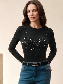 Anewsta Women's Elegant Sparkling Short Sleeve T-Shirt, Modern Resort Style Top, Fitted Design, Suitable For Spring Festival, Graduation, Elegant Occasions - Dark Grey - View 3