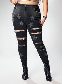 ROMWE Grunge Punk Jeans pitillo vaqueros de talla grande desgastados y desgarrados con cadena de strass y decoración punk estrella - Negro - Ver 9