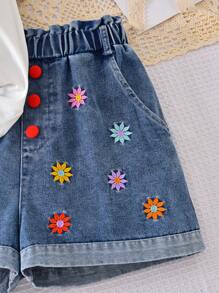 Niña preadolescente: Camiseta blanca combinada con shorts de mezclilla bordados - Blanco - Ver 6