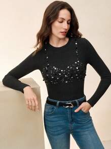 Anewsta Women's Elegant Sparkling Short Sleeve T-Shirt, Modern Resort Style Top, Fitted Design, Suitable For Spring Festival, Graduation, Elegant Occasions - Dark Grey - View 5