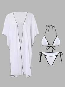 Swim Lushoire Elegant Black & White Contrast Spaghetti Strap Crop Top With Metal Butterfly Decor, And Side-Tied Metal Butterfly Accent Shorts, With Black & White Color Block Dress Outerwear, 3-Piece Set For Summer Beach Vacation - Black and White - View 7