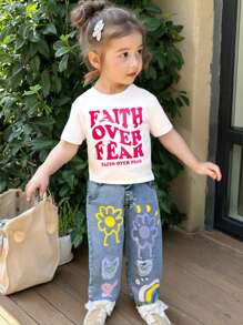 SHEIN 2pcs/Set Young Girl Casual Minimalist Comfortable Round Neck Short Sleeve T-Shirt And Denim Long Pants Outfit - Blue - View 3