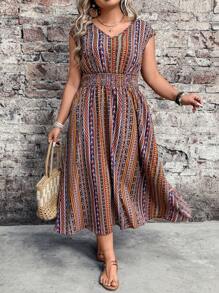 Breezaya Plus Size damska sukienka w paski w stylu boho z marszczeniami w talii i bez rękawów, odpowiednia na wakacje