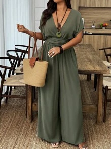 Weeklong Plus Size Women Deep V-Neck Solid Color Batwing Short Sleeve Ruffle Wide Leg Jumpsuit  BASICS - Army Green - View 4