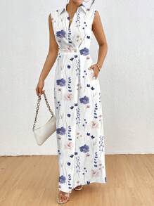 SHEIN Clasi 女士休闲无袖花卉印花夏季长款连衣裙 - 彩色 - 查看 6