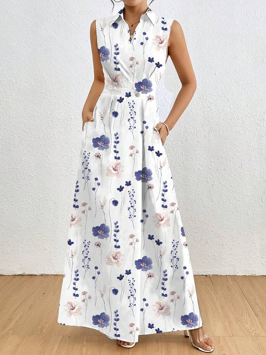 SHEIN Clasi 女士休闲无袖花卉印花夏季长款连衣裙 - 彩色 - 查看 1