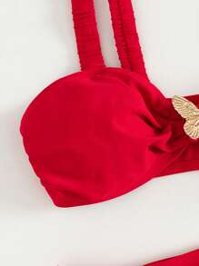 Swim Vcay 2pcs/Set Women Simple Elegant Wide Strap Metal Butterfly Decor Swimwear Top & Wide-Side Pleated Bottoms, Suitable For Holiday Vacation - Red - View 4