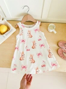 SHEIN Baby Girl Casual Cute Cartoon Cat Print Sleeveless Dress