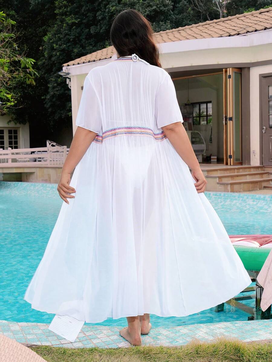 SHEIN Swim Curve Plus Size Women's Loose Fit Short Sleeve Multicolor Belt Sexy Kimono Style Beach Cover-Up For Summer Beach Vacation - White - View 1