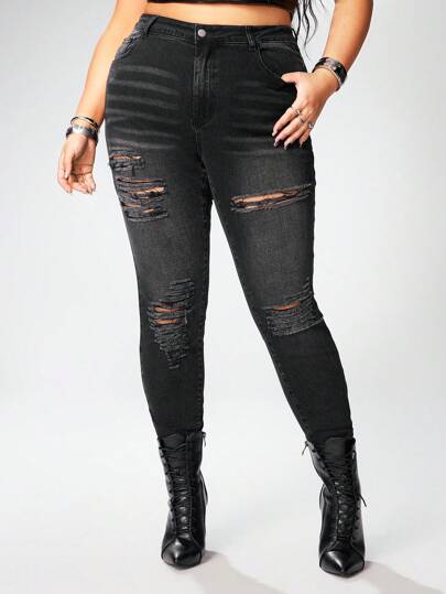 Grunge Punk Plus Size Distressed Skinny Jeans With Cross Print And Rhinestones