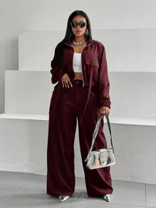 Maweii Plus Size Women's Solid Color Long Sleeve Zip-Up Front Bomber Jacket And Pants Two Pieces Set Fall Cloth For Women - Burgundy - View 4