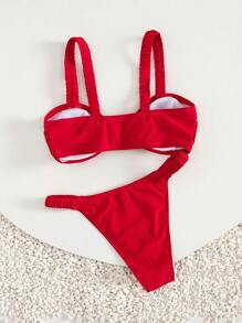 Swim Vcay 2pcs/Set Women Simple Elegant Wide Strap Metal Butterfly Decor Swimwear Top & Wide-Side Pleated Bottoms, Suitable For Holiday Vacation - Red - View 2